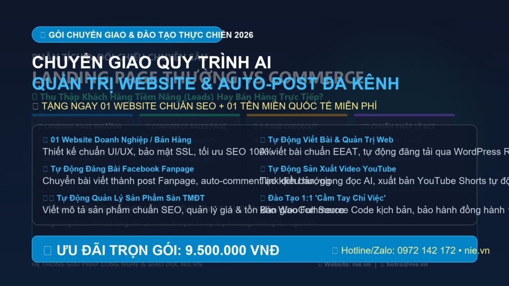 Gói Chuyển Giao Trọn Gói: Tặng Website Chuẩn SEO + Tên Miền Quốc Tế & Quy Trình AI Quản Trị Tự Động Đa Kênh (Facebook, YouTube, Quản Lý Sản Phẩm)