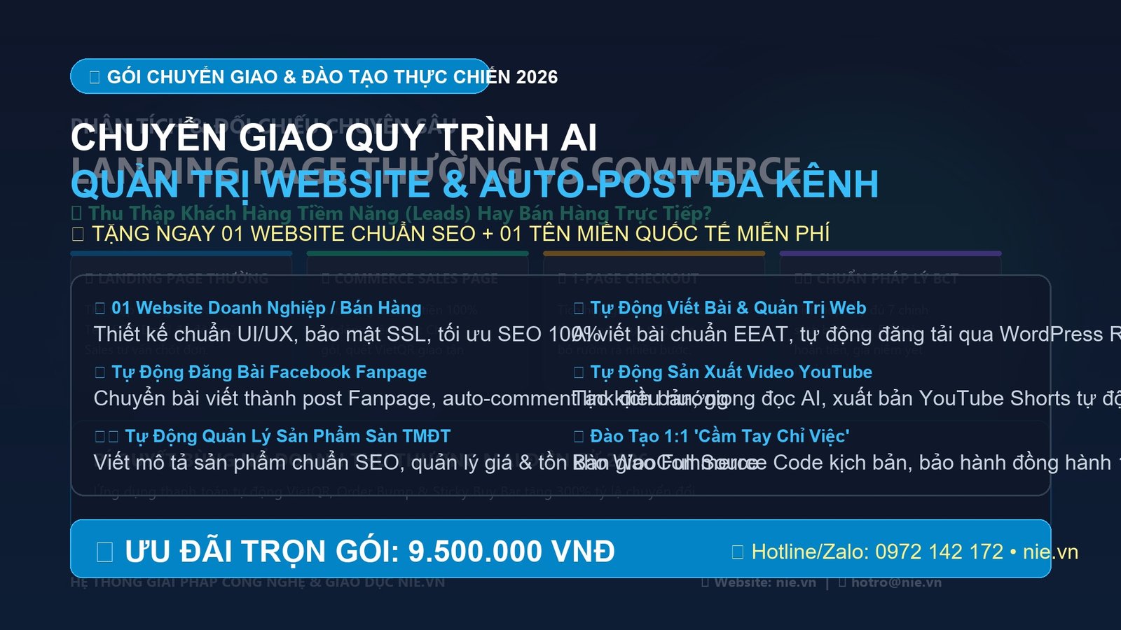Gói Chuyển Giao Trọn Gói: Tặng Website Chuẩn SEO + Tên Miền Quốc Tế & Quy Trình AI Quản Trị Tự Động Đa Kênh (Facebook, YouTube, Quản Lý Sản Phẩm)