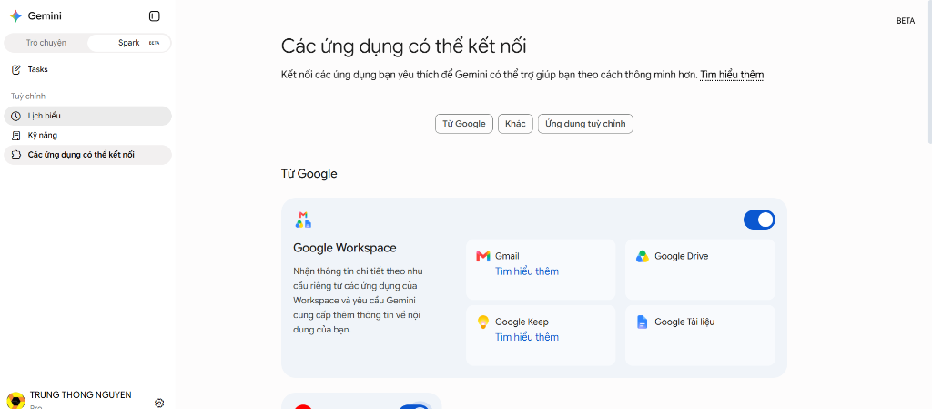 Giao diện Gemini Spark Beta tích hợp Lịch biểu, Kỹ năng và Kết nối ứng dụng