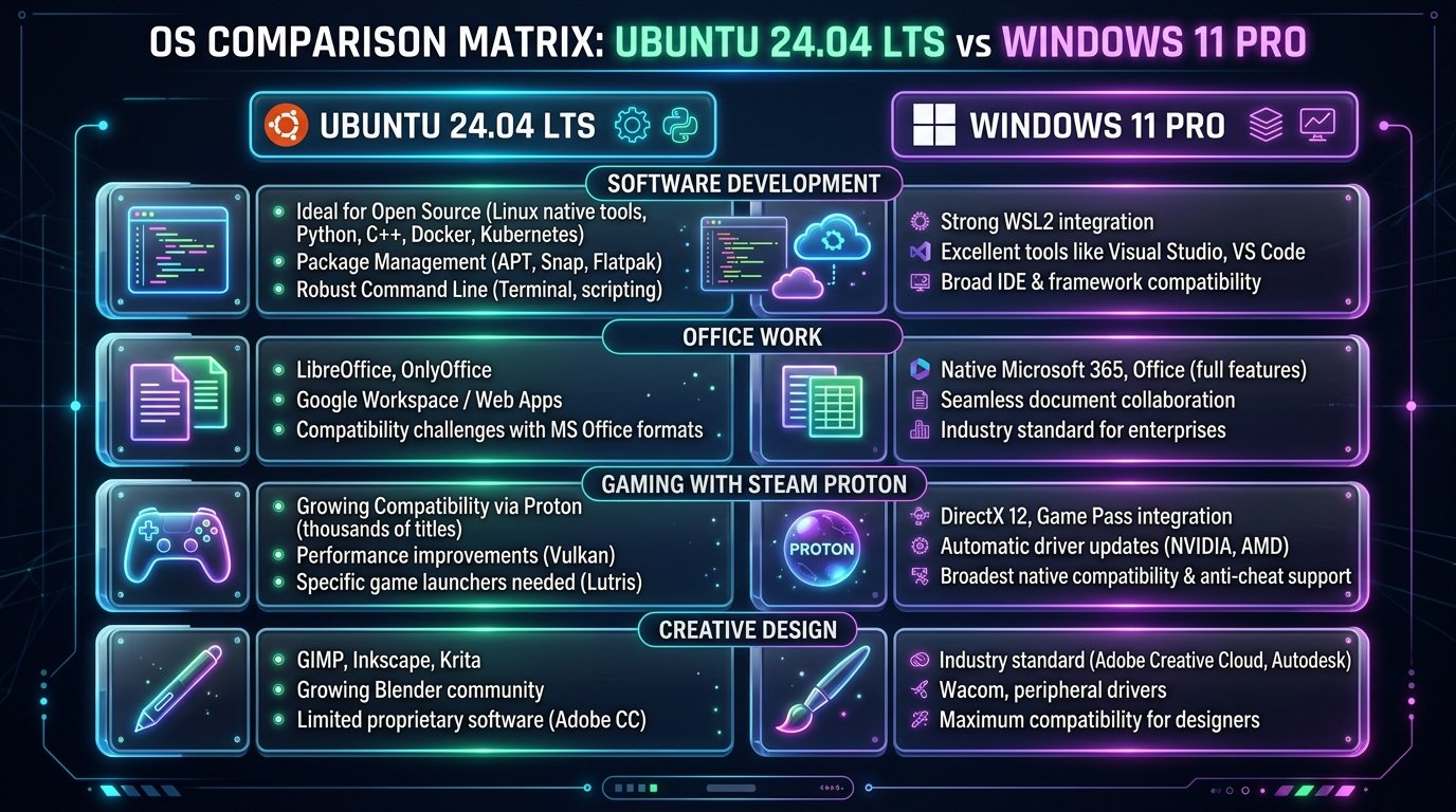 Ma trận khả năng thay thế của Ubuntu 24.04 LTS đối với Windows 11 Pro