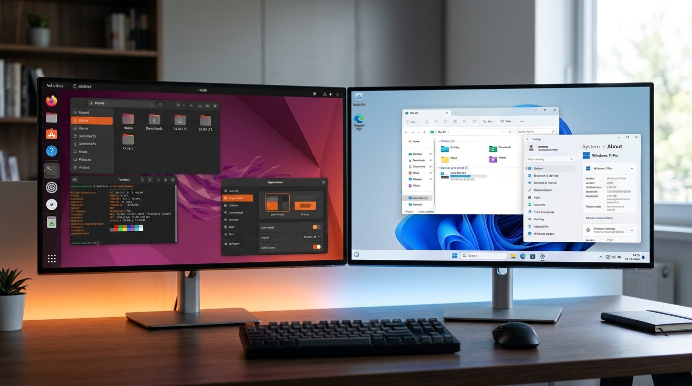 So sánh giao diện Ubuntu 24.04 LTS và Windows 11 Pro