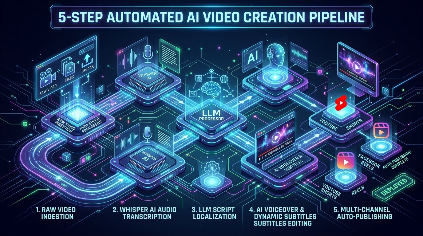Sơ đồ 5 bước kiến trúc tự động hóa sản xuất video ngắn AI từ Douyin đến đa kênh