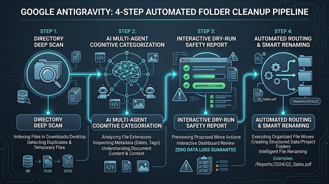 Sơ đồ 4 bước tự động hóa dọn dẹp và quản lý tệp tin máy tính bằng Google Antigravity