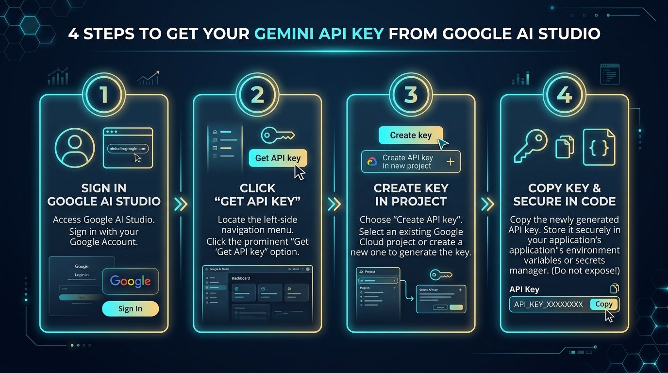 Sơ đồ 4 bước lấy Gemini API Key từ Google AI Studio