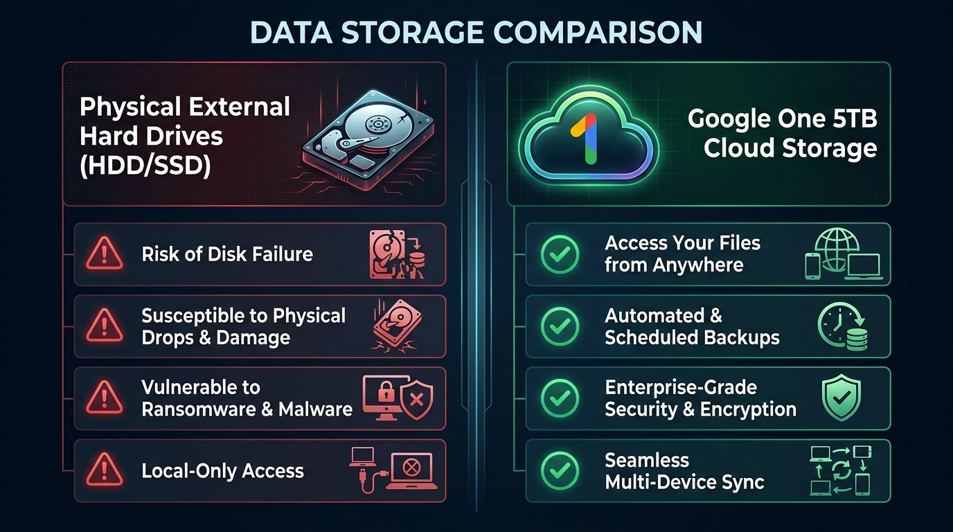 So sánh Ổ cứng di động vật lý HDD SSD vs Google One 5TB Cloud Storage