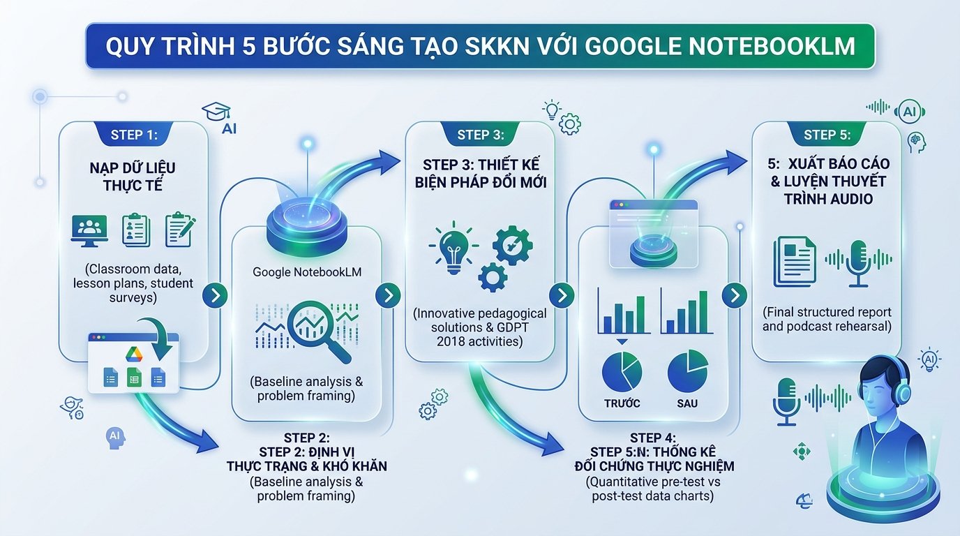 Sơ đồ quy trình 5 bước tự động hóa biên soạn Sáng kiến kinh nghiệm bằng Google NotebookLM