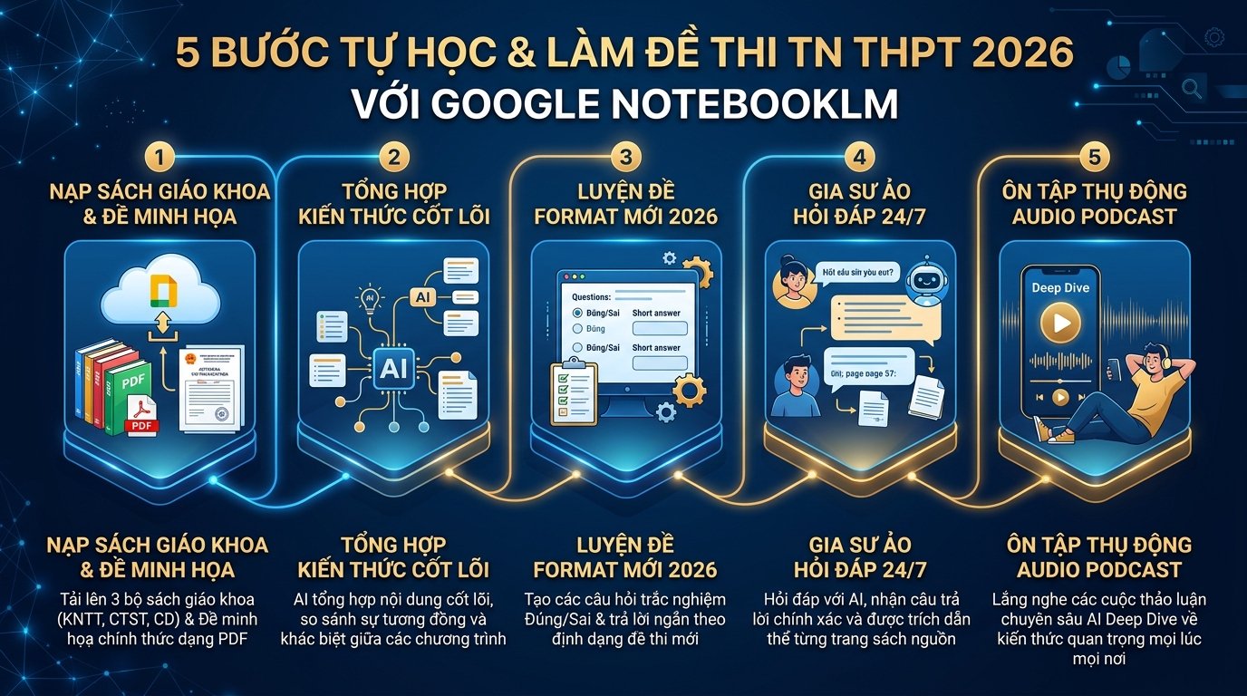 Sơ đồ 5 bước tự học và làm đề thi tốt nghiệp THPT 2026 với Google NotebookLM