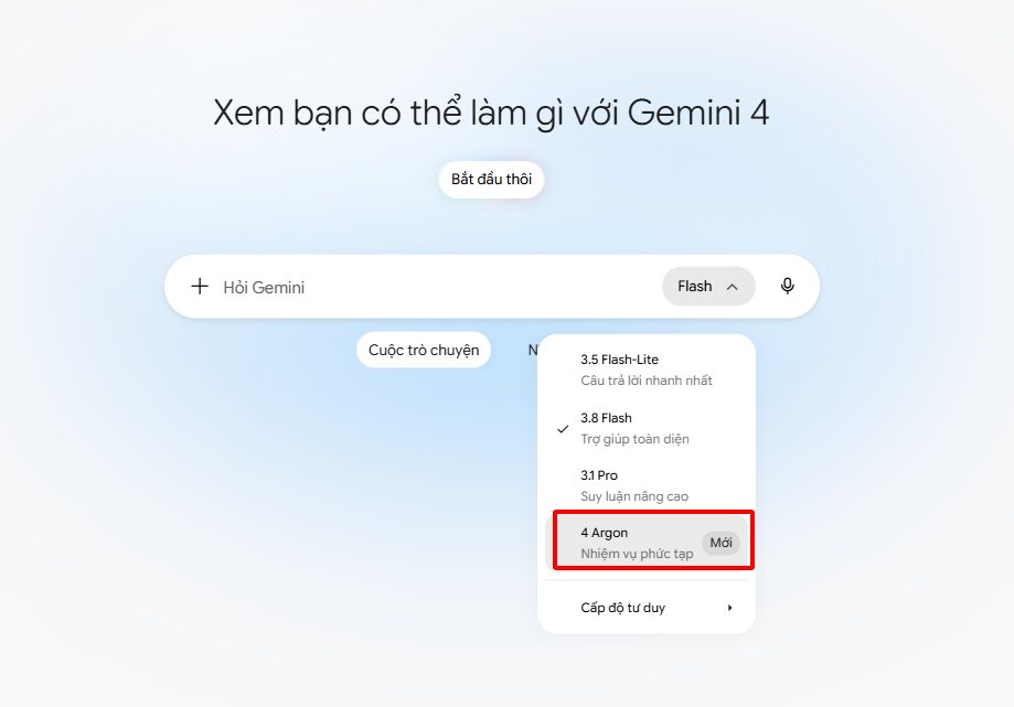 Ảnh chụp thực tế menu chọn mô hình trên Gemini web có 4 Argon Mới